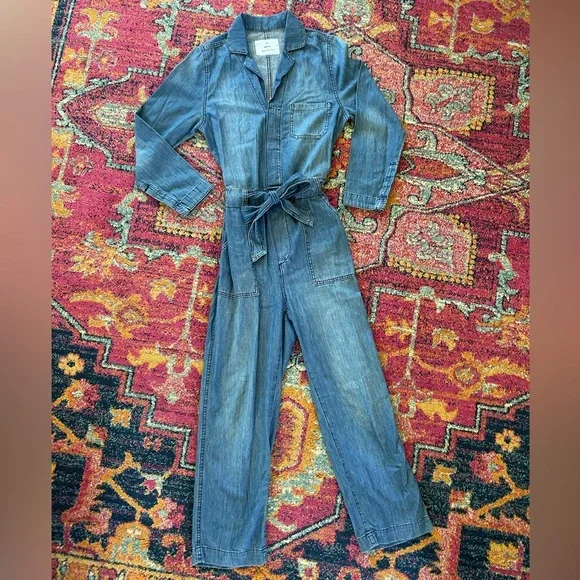 & Denim | Women's Medium Blue Lightweight Denim Jumpsuit tie waist hidden button - Picture 16 of 16